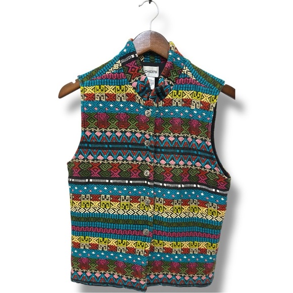 184 Chico's | EUC India Boho Vest - Blue Yellow Colorful Aztec Pattern (Size 1) - Picture 2 of 11